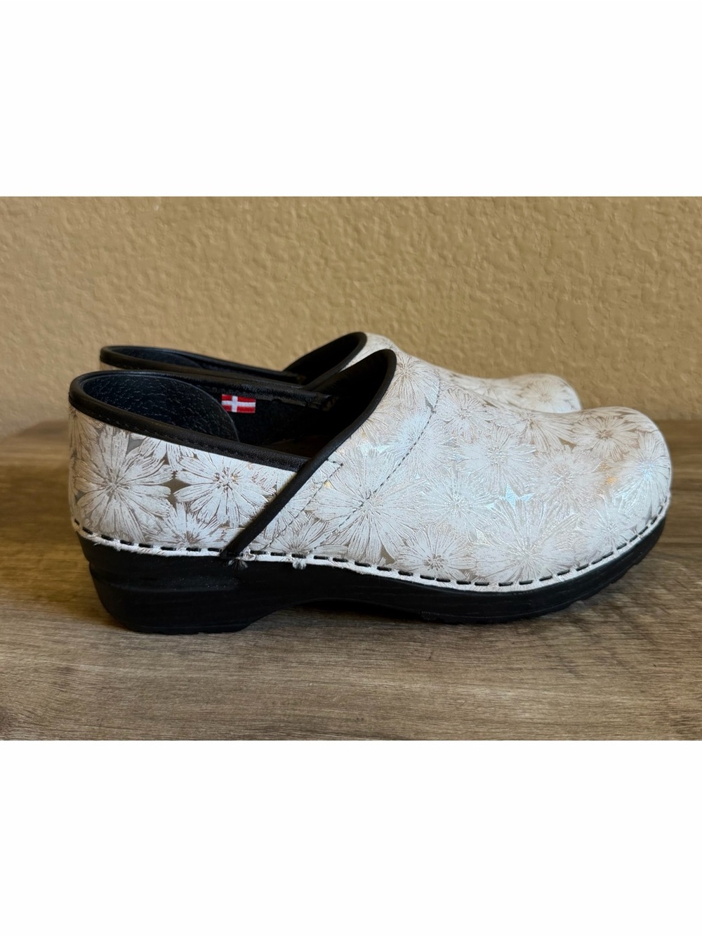 Sanita Danish Professional Clogs white silver floral-embossed leather